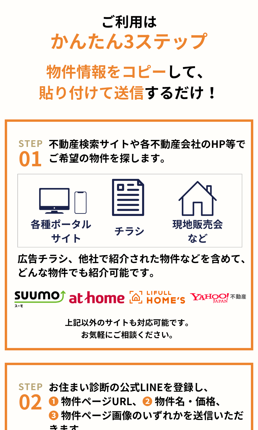 ご利用は かんたん3ステップ 物件情報をコピーして、 貼り付けて送信するだけ！ STEP1 不動産検索サイトや各不動産会社のHP等でご希望の物件を探します。 各種ポータルサイト チラシ 現地販売会など 広告チラシ、他社で紹介された物件などを含めて、どんな物件でも紹介可能です。 上記以外のサイトも対応可能です。 お気軽にご相談ください。 STEP2 お住まい診断の公式LINEを登録し、 ❶ 物件ページURL、❷ 物件名・価格、 ❸ 物件ページ画像のいずれかを送信いただきます。